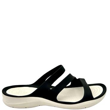 CROCS LDS 3 STRAP FLAT MULE - BLACK WHITE